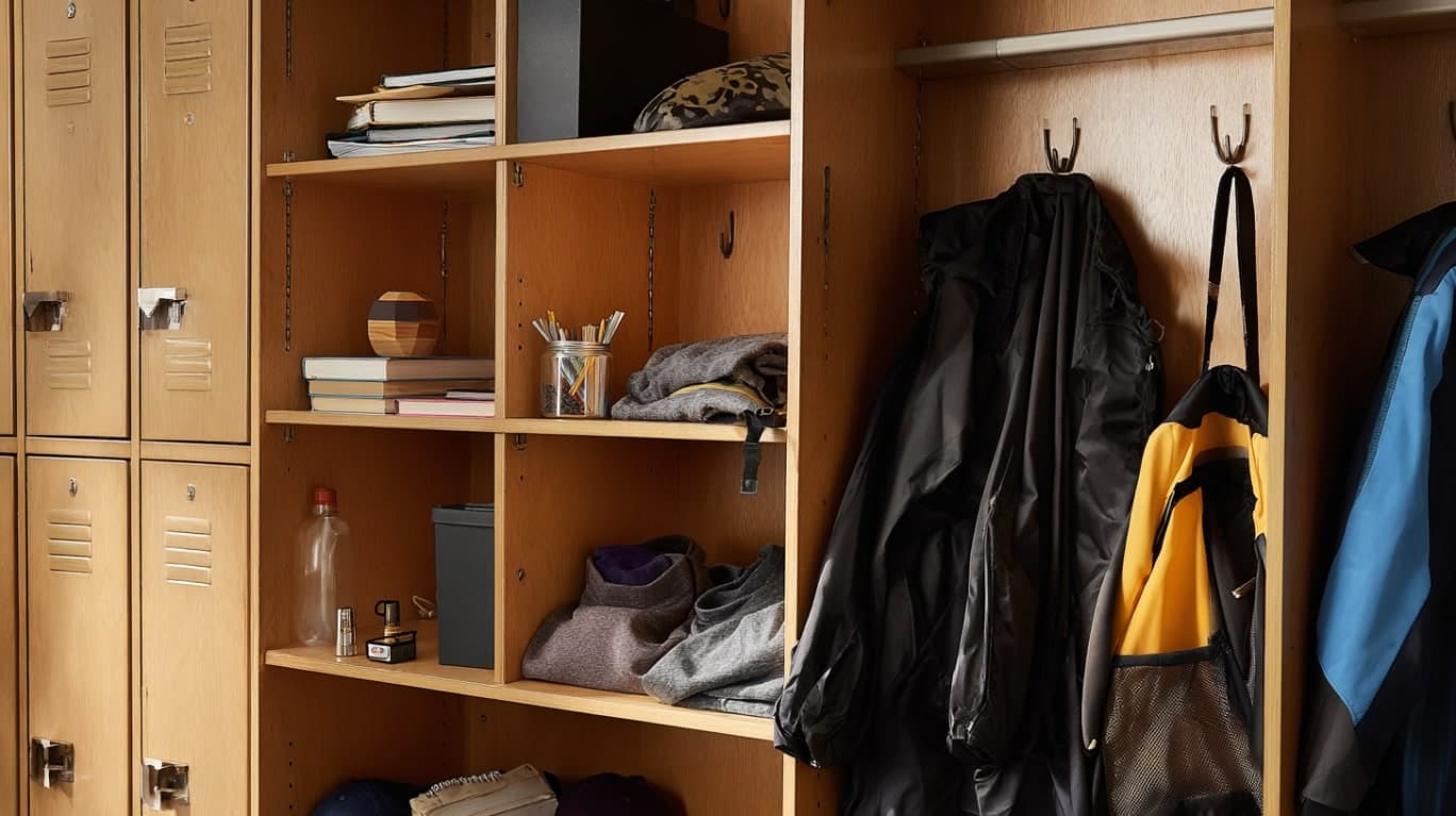 Zamykane szafki i otwarte regały w szkolnej szatni