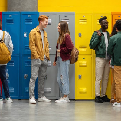 Uczniowie szkoły średniej stoją przy kolorowych szafkach szkolnych