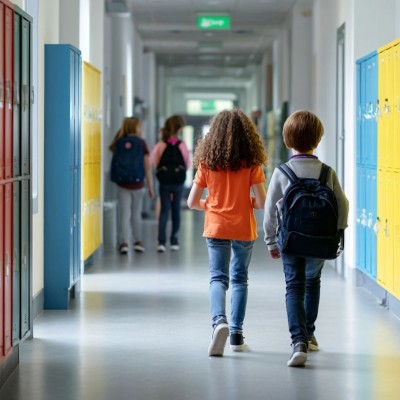 Małe dzieci na korytarzu pełnym kolorowych szafek szkolnych