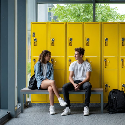 Dwoje nastolatków siedzi na ławce przy żółtych szafkach szkolnych